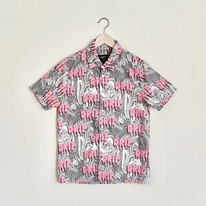 Rue21 Drip All Over Melting Graphic Pink Gray Button Down Shirt Men’s size Small